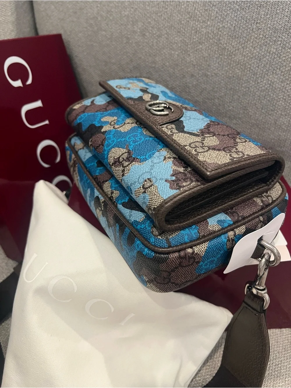 New Gucci Brown and Blue GG Supreme Camouflage Crossbody Bag